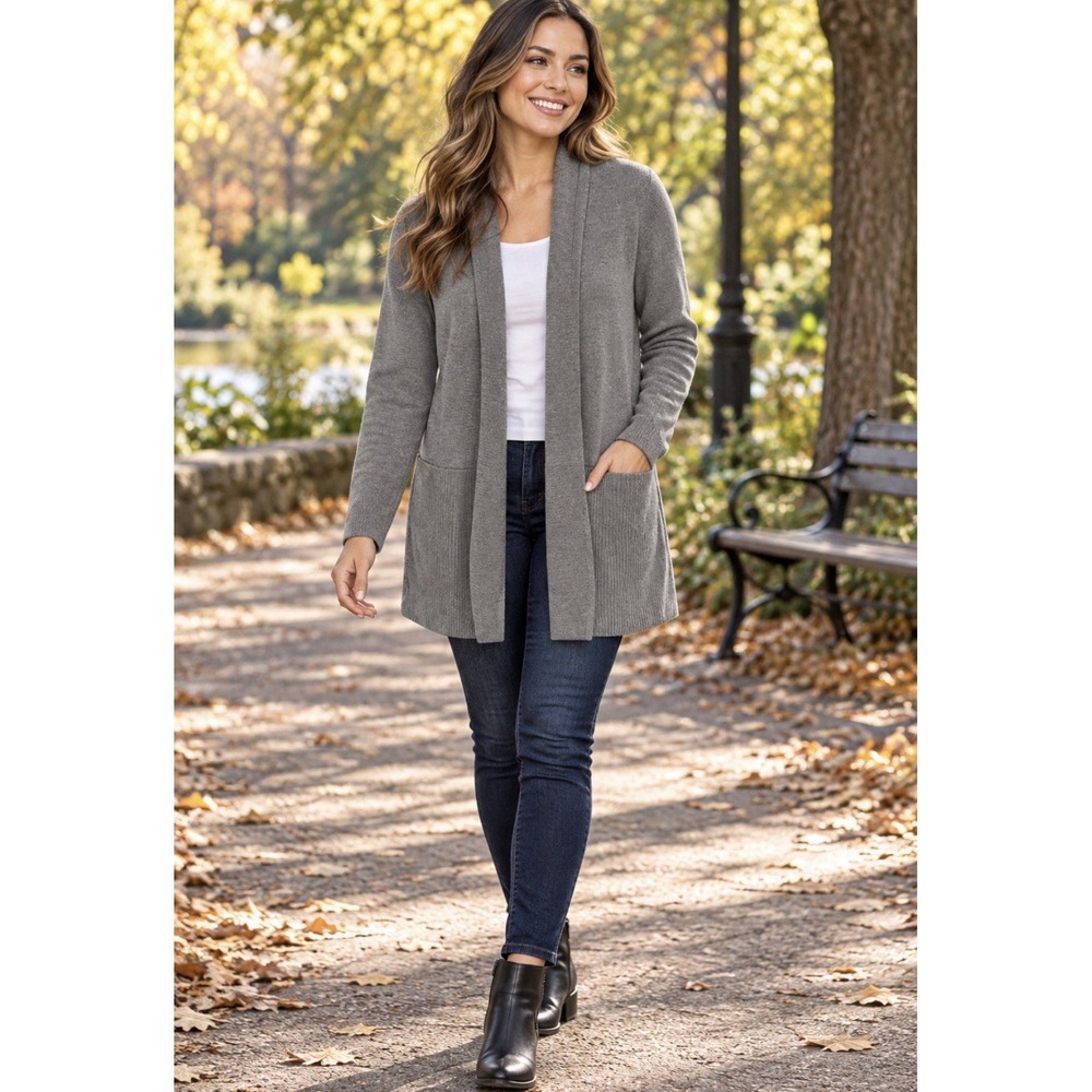 Talbots Open Front Ribbed Knit Cardigan Sweater Gray Size Medium